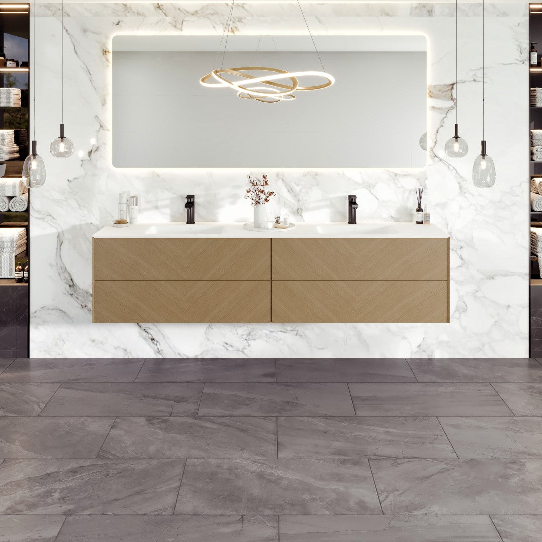 Lotus 71 in. Natural Oak Wall Mount Double Sink Bath Vanity with Solid Surface Top and Integrated Sinks