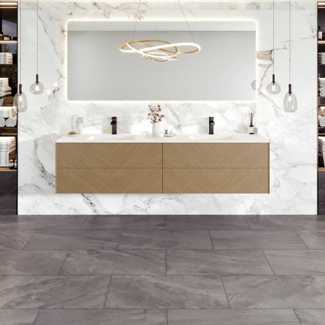 Lotus 71 in. Natural Oak Wall Mount Double Sink Bath Vanity with Solid Surface Top and Integrated Sinks - Bathroom Vanity by Eviva