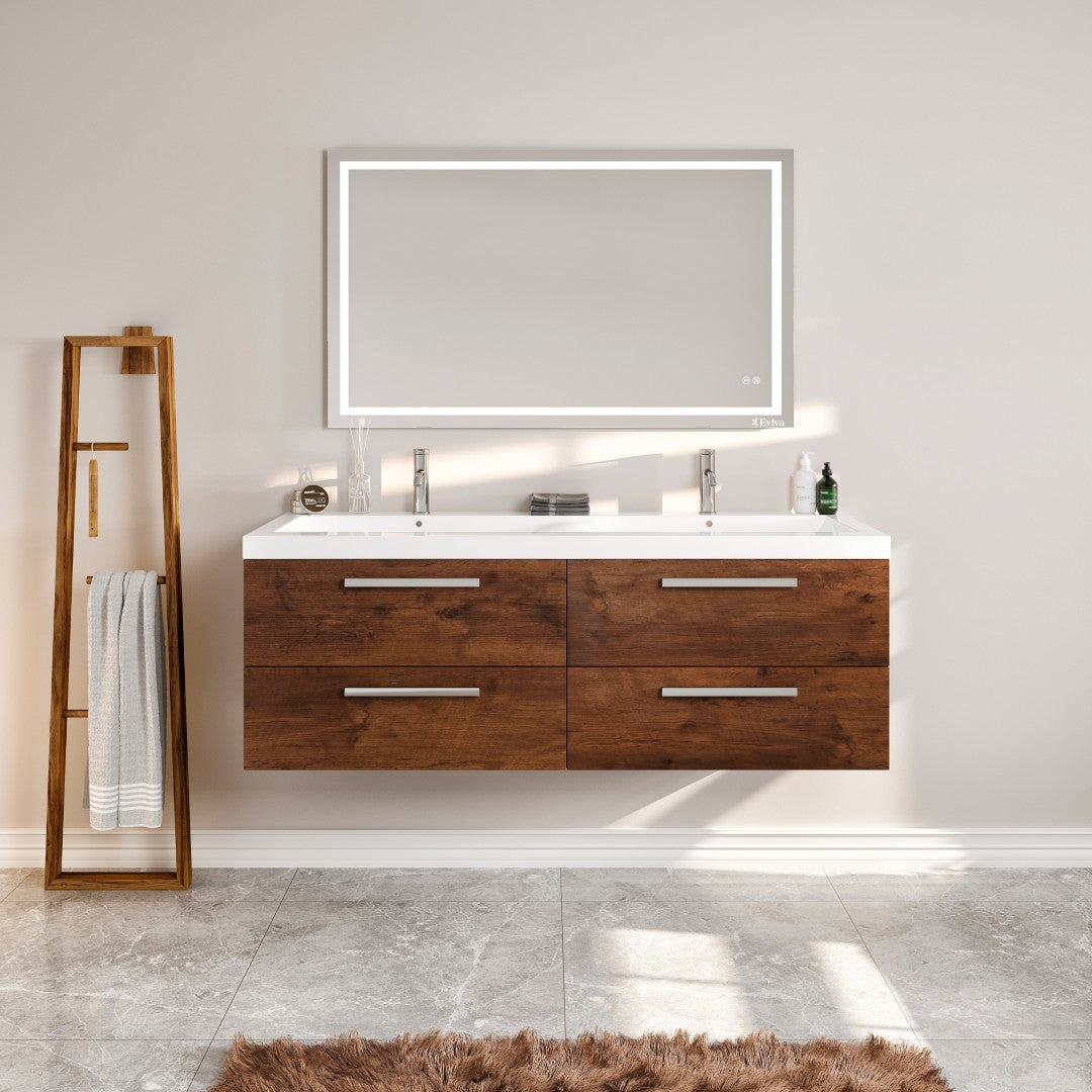 Surf 57 in. Rosewood Wall Mount Double Sink Bath Vanity with Acrylic Top and Integrated Sinks