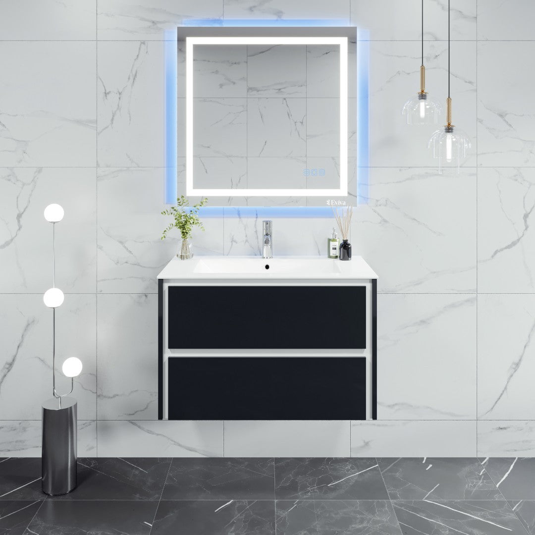 Luna 32 in. Dark Gray Wall Mount Single Sink Bath Vanity with Porcelain Top and Integrated Sink