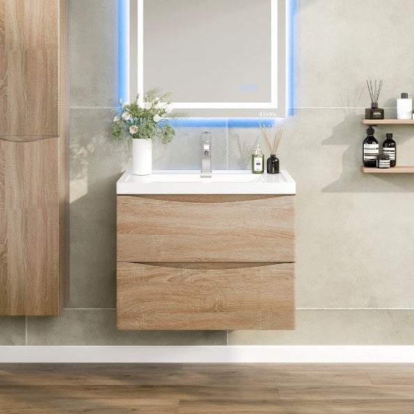 A modern white oak wall mount single sink bath vanity with an acrylic top and integrated sink, displayed in a bathroom setting with a mirror above it.