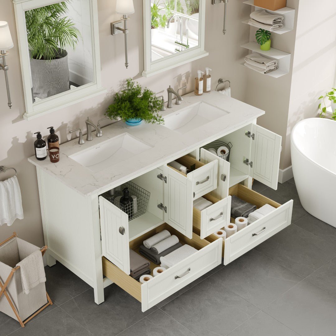 Britney 60 in. White Double Sink Bath Vanity with Carrara Quartz Top and Undermount Porcelain Sinks - Bathroom Vanity by Eviva