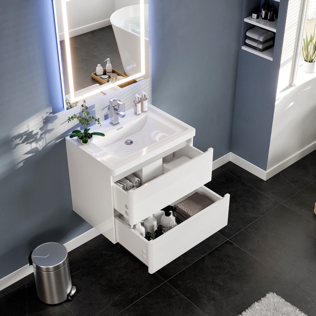 Glazzy 28 in. White Wall Mount Single Sink Bath Vanity with Acrylic Top and Integrated Sink - Bathroom Vanity by Eviva