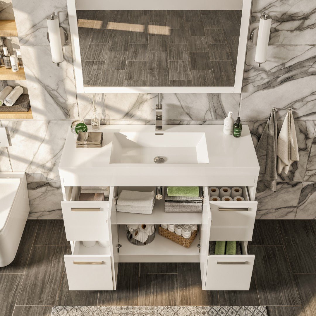 Lugano 48 in. White Single Sink Bath Vanity with Acrylic Top and Integrated Sink - Bathroom Vanity by Eviva