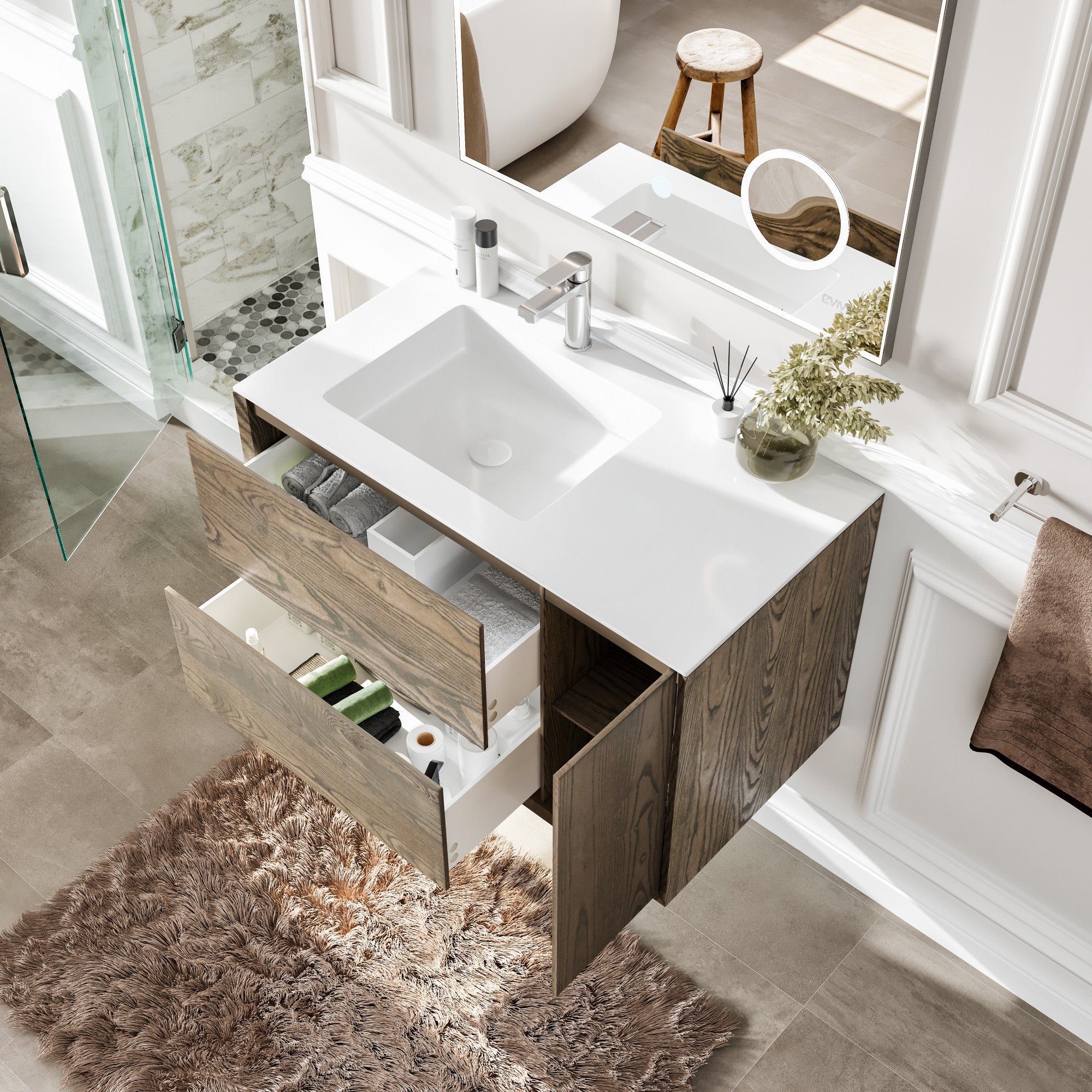 Ciocco 36 in. Oak Wall Mount Single Sink Bath Vanity with Solid Surface Top and Integrated Sink