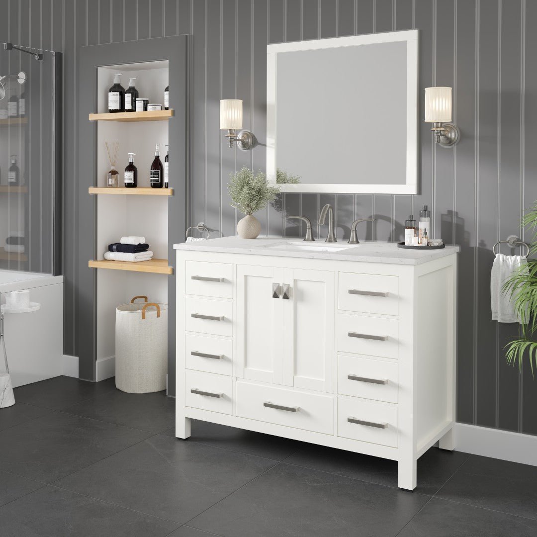 Aberdeen 42 in. White Single Sink Bath Vanity with Carrara Quartz Top and Undermount Porcelain Sink - Bathroom Vanity by Eviva