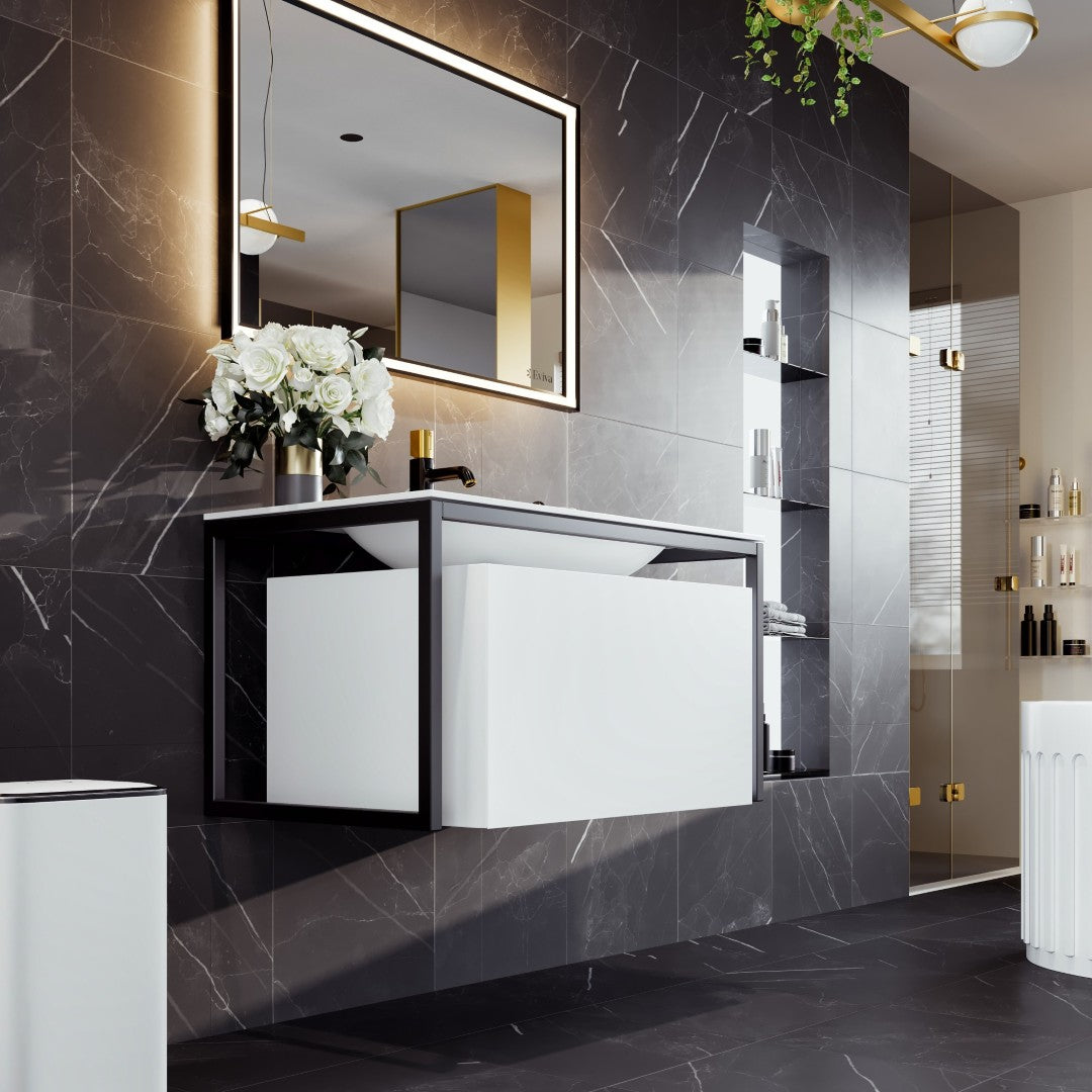 Modena 32 in. White Wall Mount Single Sink Bath Vanity with Solid Surface Top and Integrated Sink