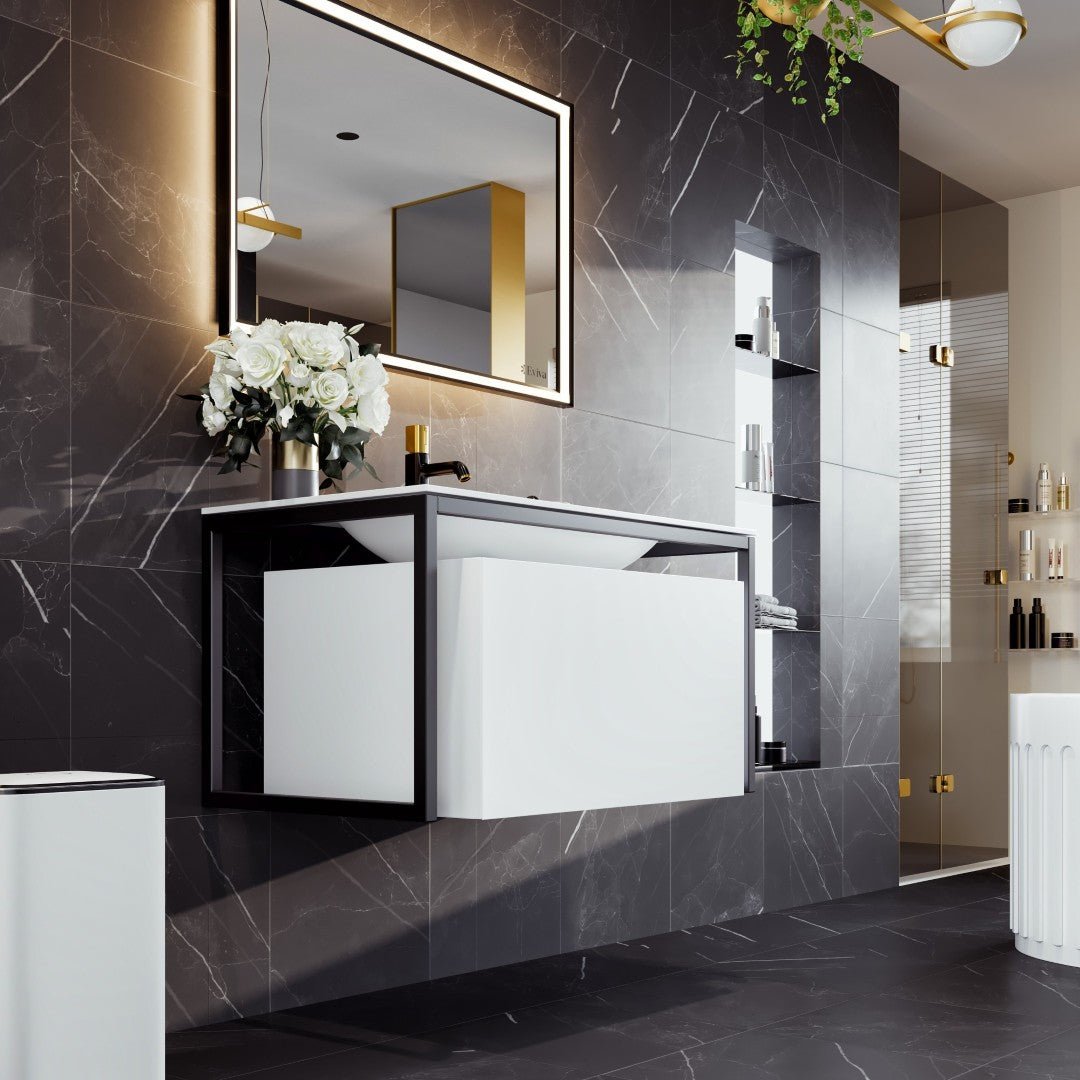 Modena 32 in. White Wall Mount Single Sink Bath Vanity with Solid Surface Top and Integrated Sink - Bathroom Vanity by Eviva
