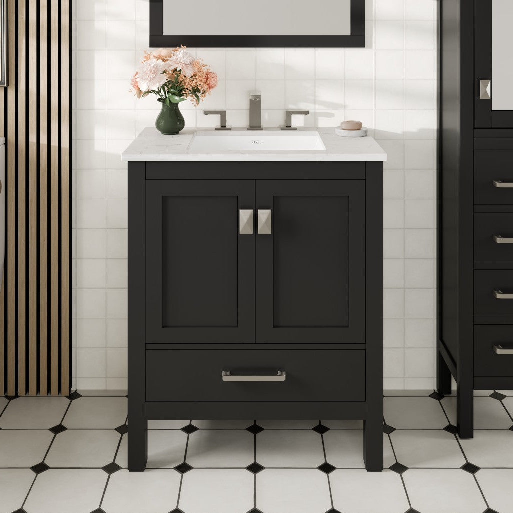 A black, single-sink bathroom vanity with a white Carrara quartz top and an undermount porcelain sink, featuring gold and silver hardware.