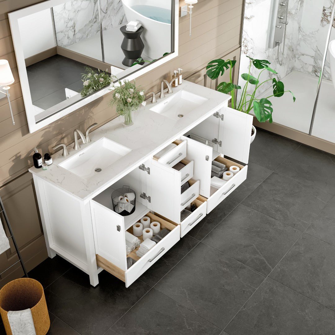 Aberdeen 78 in. White Double Sink Bath Vanity with Carrara Quartz Top and Undermount Porcelain Sinks - Bathroom Vanity by Eviva