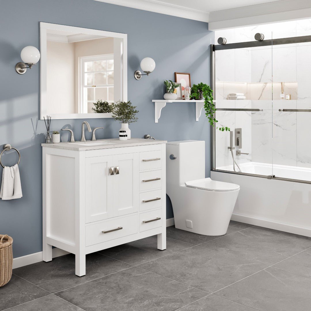 Aberdeen 36 in. White Single Sink Bath Vanity with Carrara Quartz Top and Undermount Porcelain Sink - Bathroom Vanity by Eviva