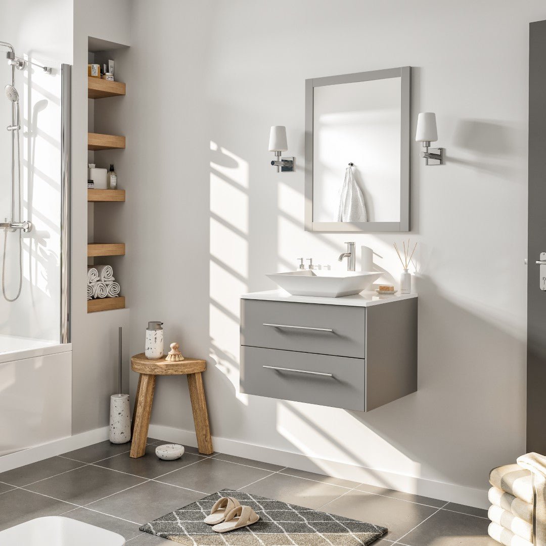 Wave 24 in. Gray Wall Mount Single Sink Bath Vanity with White Quartz Top and Vessel Porcelain Sink - Bathroom Vanity by Eviva
