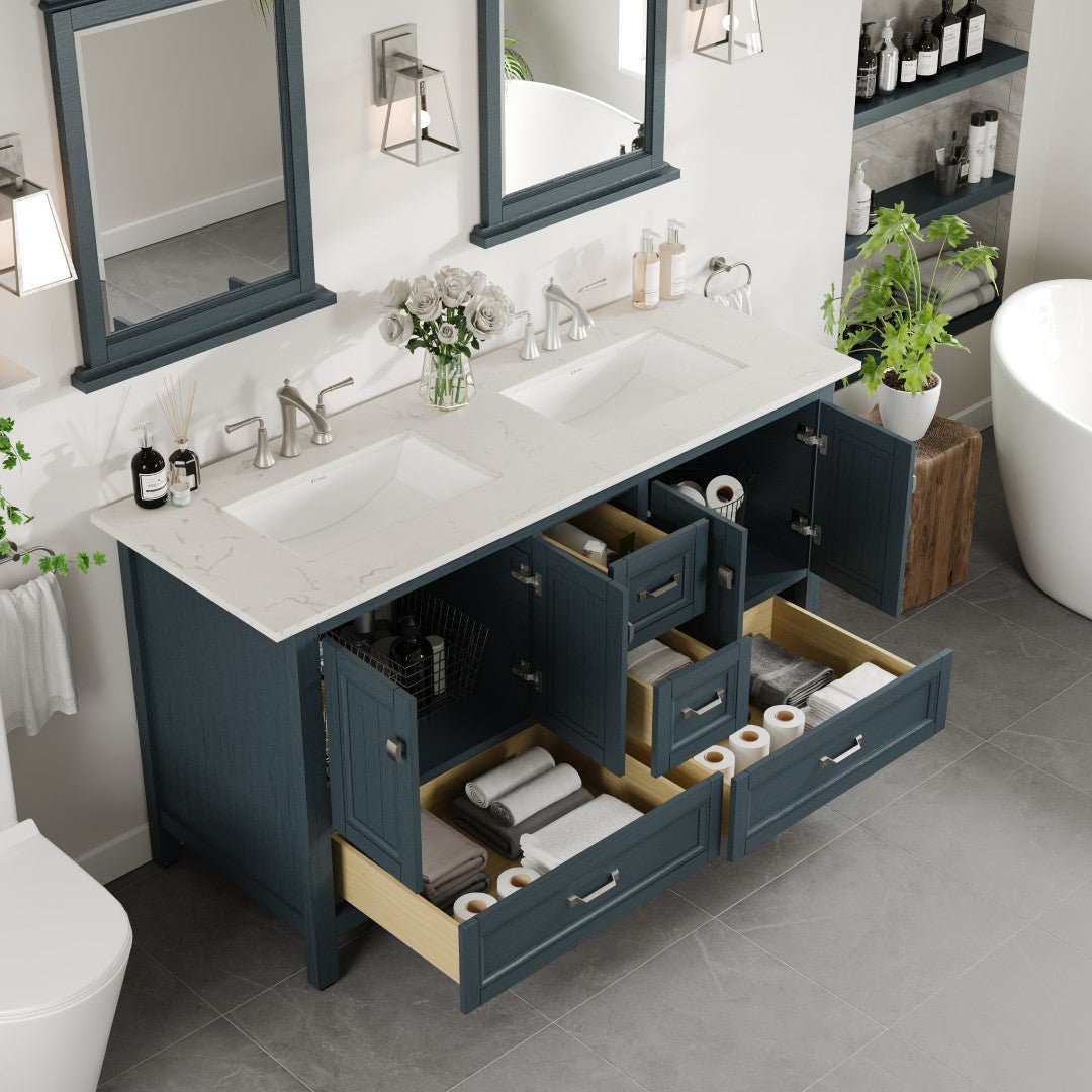Britney 60 in. Ash Blue Double Sink Bath Vanity with Carrara Quartz Top and Undermount Porcelain Sinks - Bathroom Vanity by Eviva