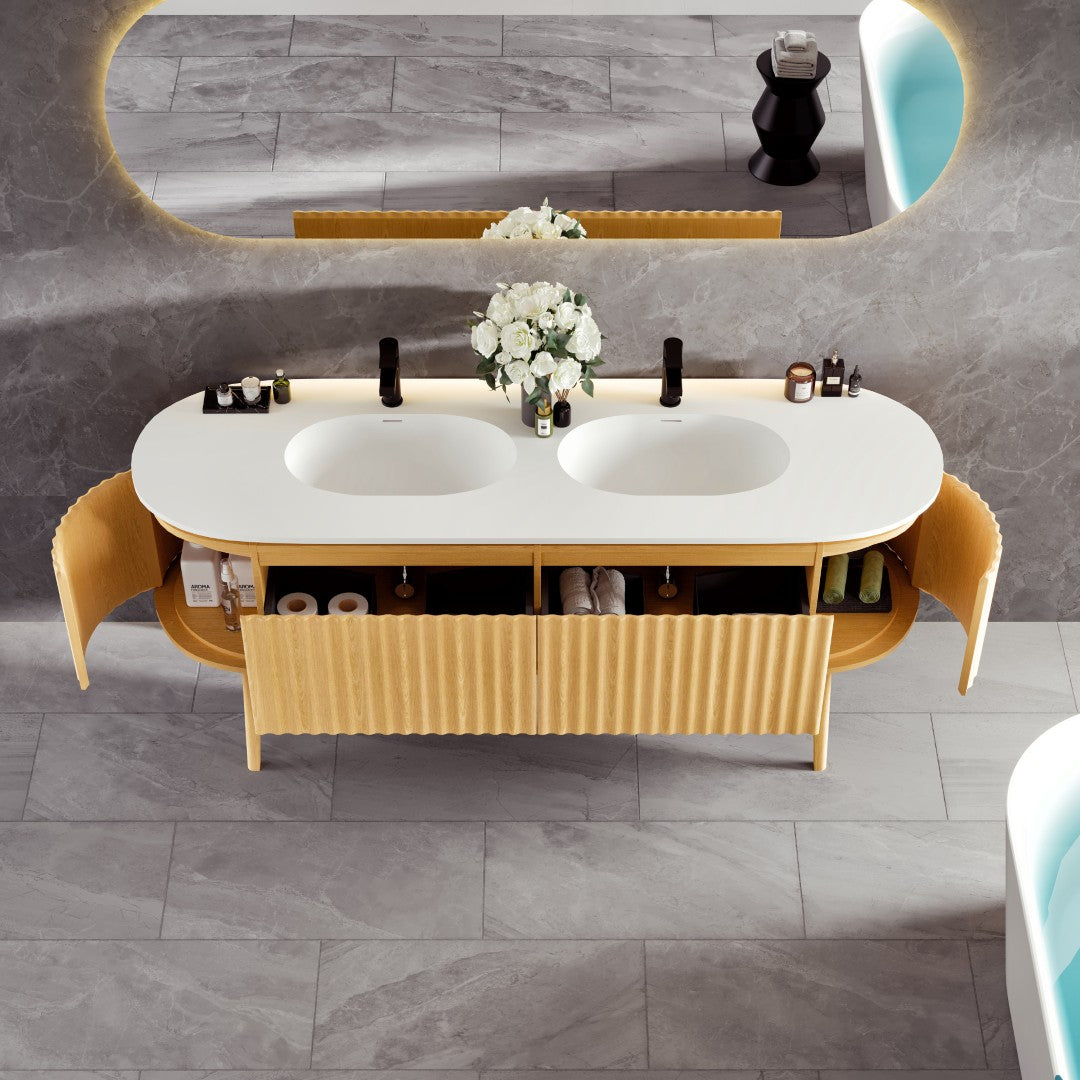 Haven 71 in. Natural Oak Double Sink  Bath Vanity with Solid Surface Top and Integrated Sinks