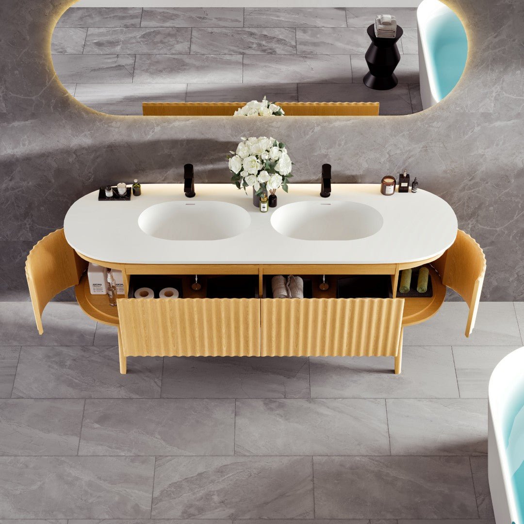 Haven 71 in. Natural Oak Freestanding Double Sink Bath Vanity with Solid Surface Top and Integrated Sinks - Bathroom Vanity by Eviva