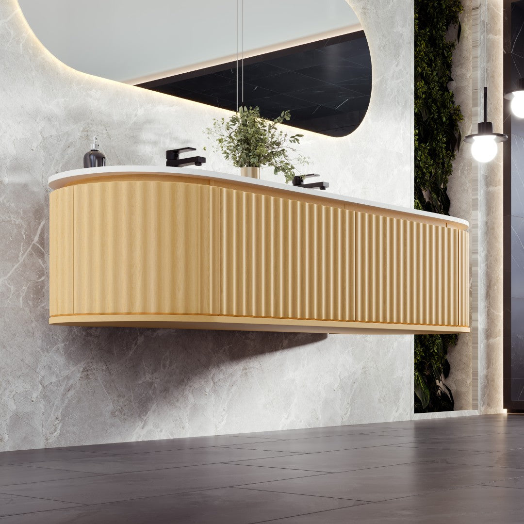 Haven 71 in. Natural Oak Wall Mount Double Sink Bath Vanity with Solid Surface Top and Integrated Sinks