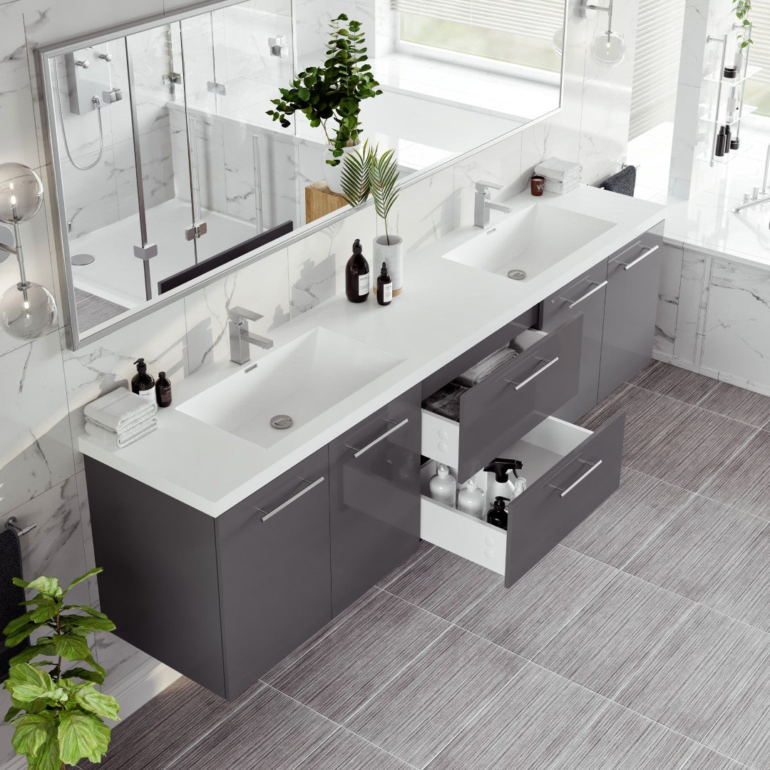 Lumina 84 in. Gray Wall Mount Double Sink Bath Vanity with Acrylic Top and Integrated Sinks
