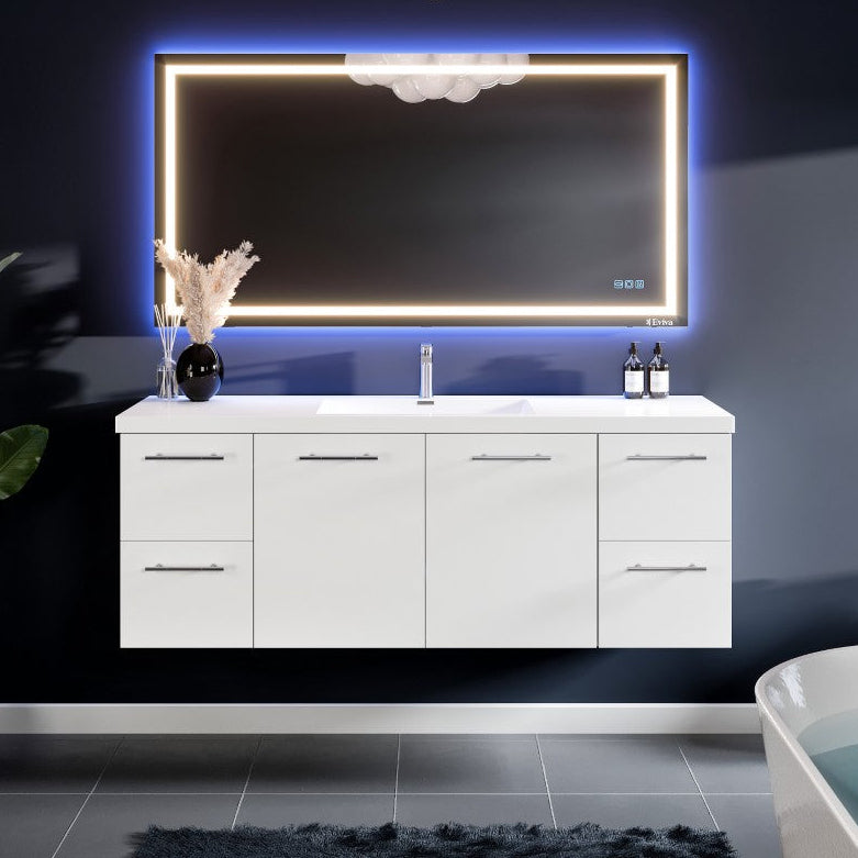 A white wall mount single sink bath vanity with an acrylic top and integrated sink, displayed in a modern bathroom setting.