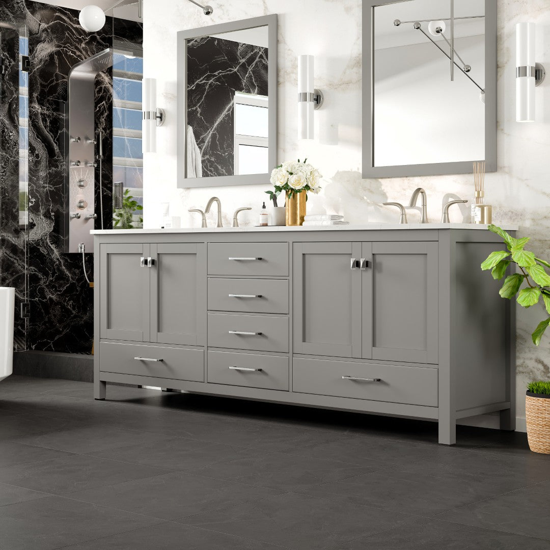 Aberdeen 84 in. Gray Double Sink Bath Vanity with Carrara Quartz Top and Undermount Porcelain Sinks