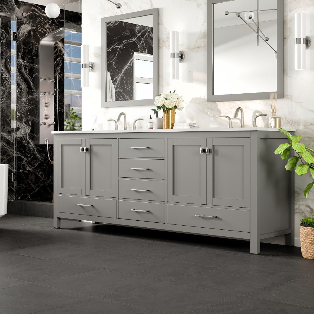 Aberdeen 84 in. Gray Double Sink Bath Vanity with Carrara Quartz Top and Undermount Porcelain Sinks - Bathroom Vanity by Eviva