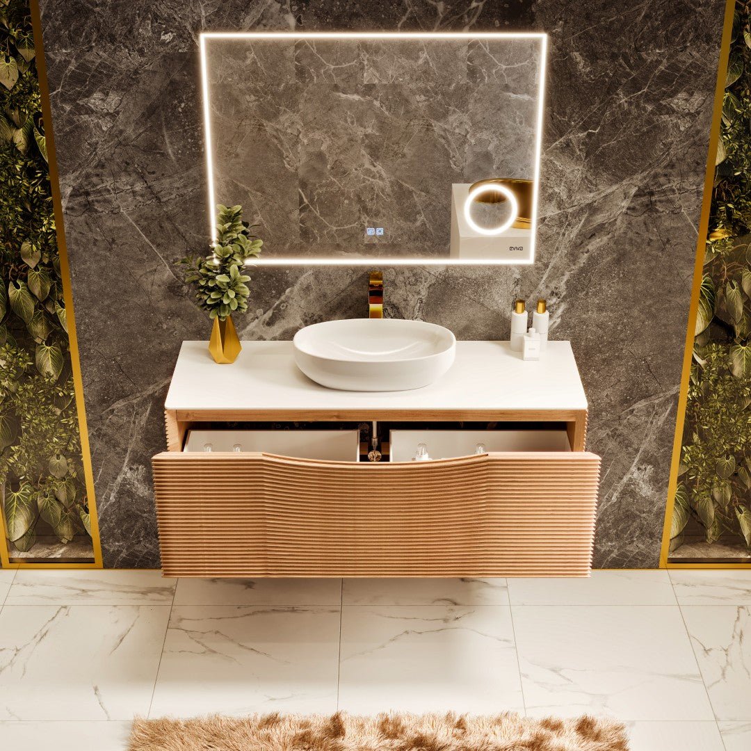 Leah 32 in. Medium Oak Wall Mount Single Sink Bath Vanity with Solid Surface Top and Vessel Solid Surface Sink - Bathroom Vanity by Eviva