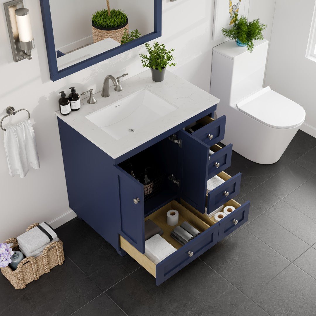 Acclaim 30 in. Blue Single Sink Bath Vanity with Carrara Quartz Top and Undermount Porcelain Sink - Bathroom Vanity by Eviva