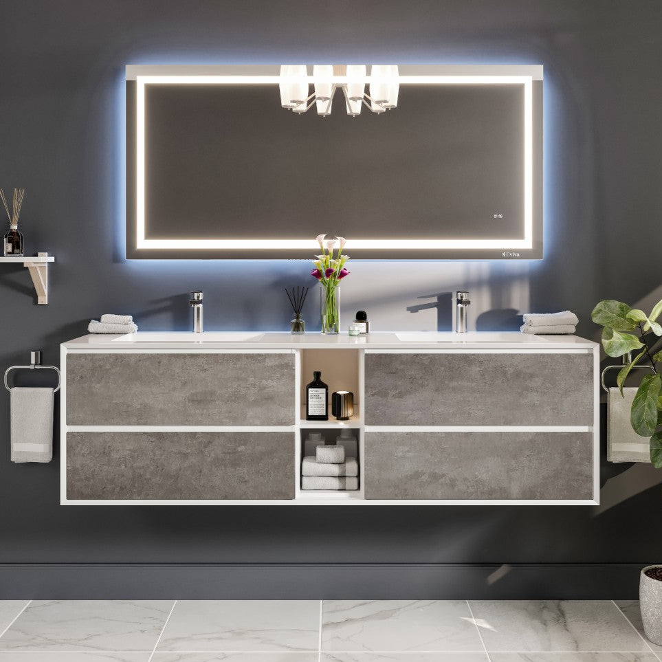 A modern wall-mounted double sink bathroom vanity with concrete gray finish and an acrylic top, featuring integrated sinks and a illuminated mirror above it.