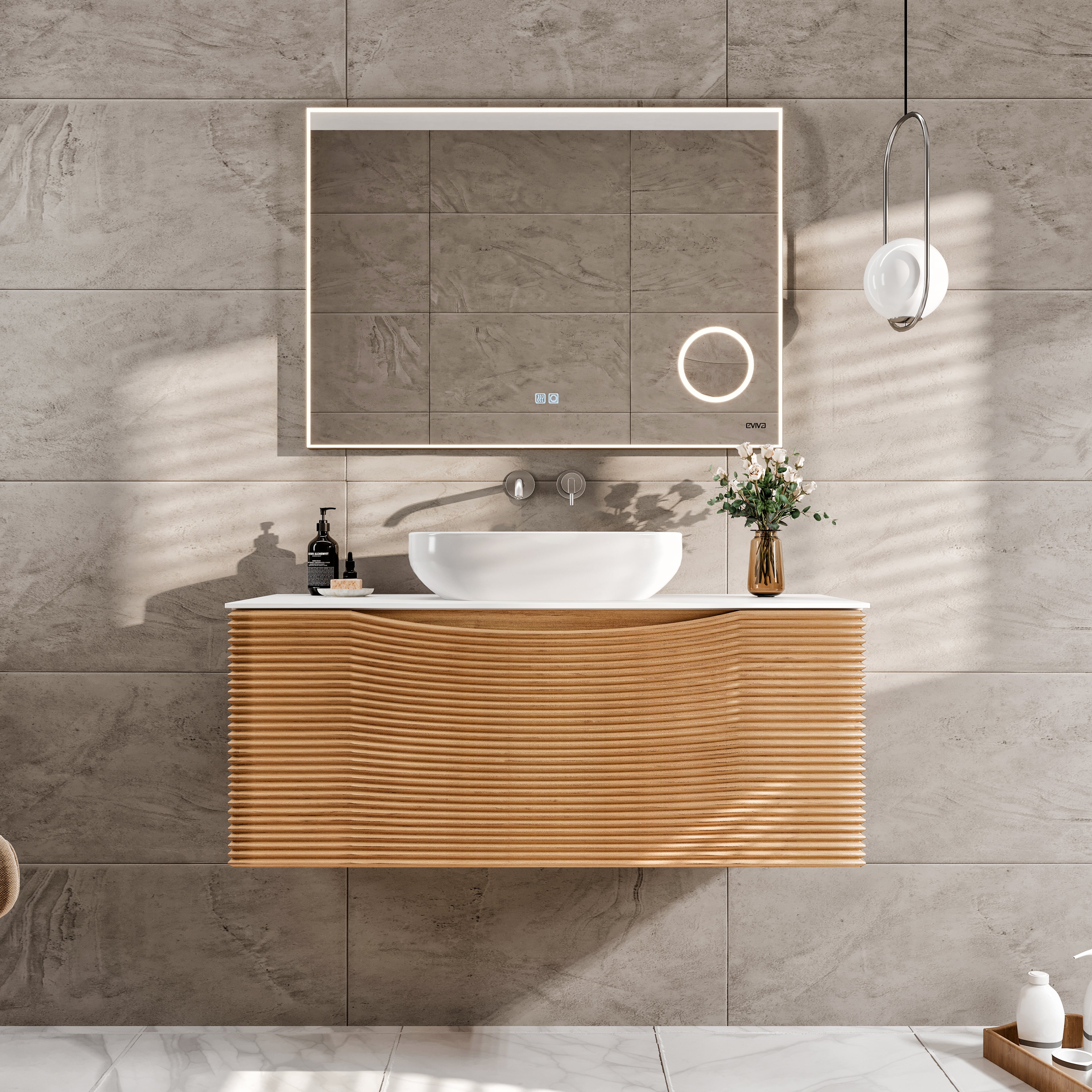 Leah 32 in. Medium Oak Wall Mount Single Sink Bath Vanity with Solid Surface Top and Vessel Solid Surface Sink