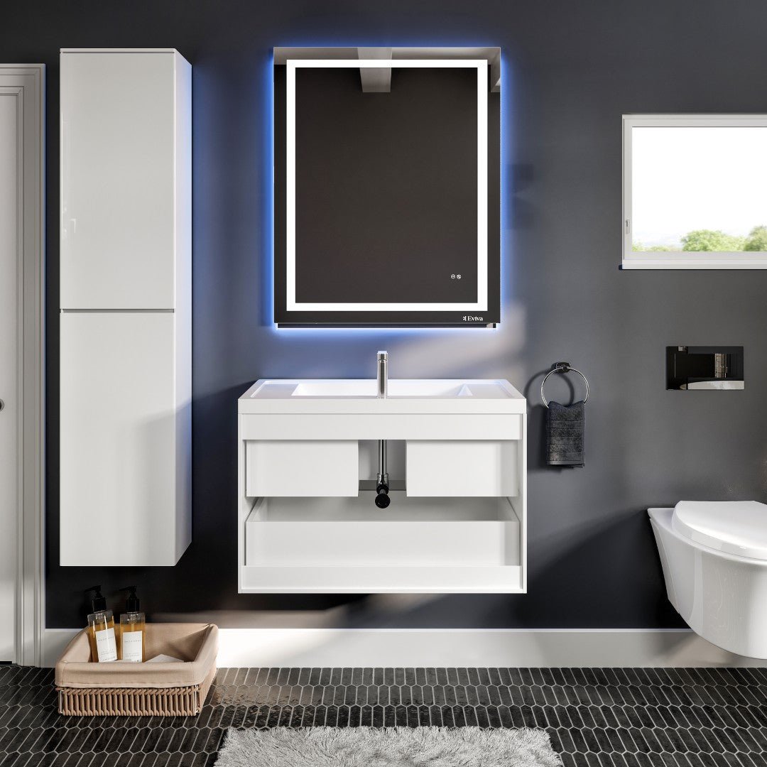 Glazzy 36 in. White Wall Mount Single Sink Bath Vanity with Acrylic Top and Integrated Sink - Bathroom Vanity by Eviva