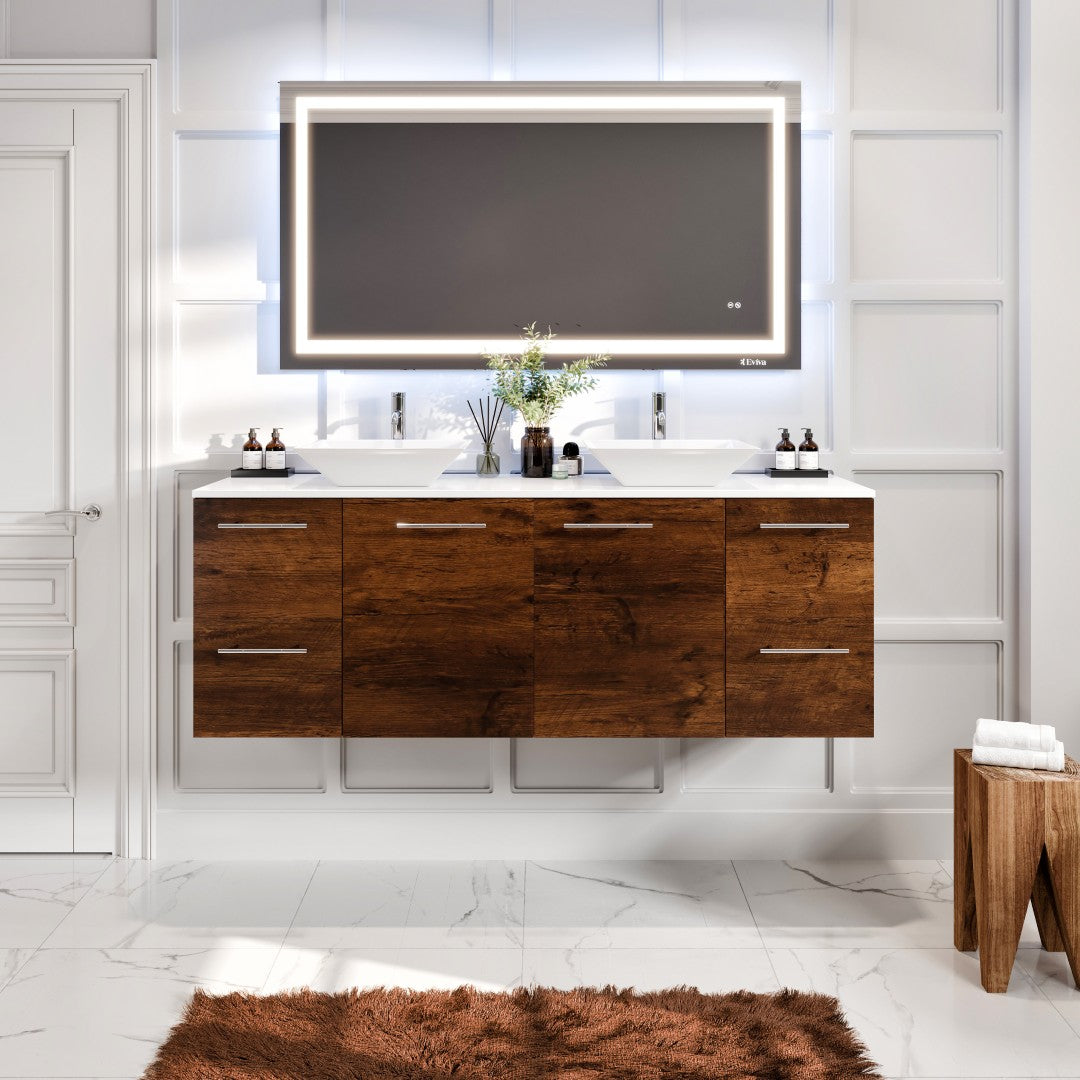 Luxurious 60 in. Rosewood Wall Mount Double Sink  Bath Vanity with White Quartz Top and Vessel Porcelain Sinks