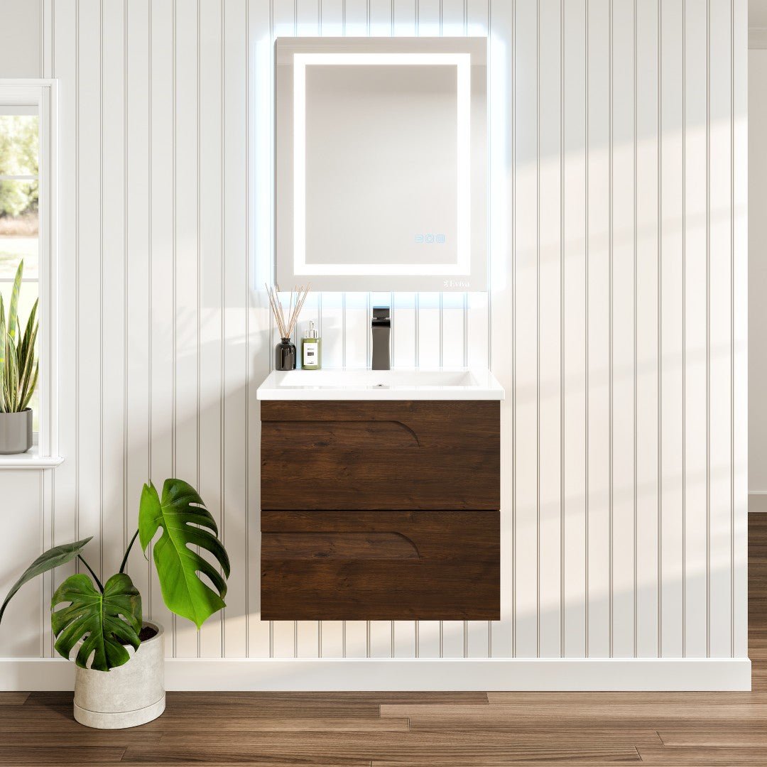 Joy 24 in. Rosewood Wall Mount Single Sink Bath Vanity with Porcelain Top and Integrated Sink - Bathroom Vanity by Eviva