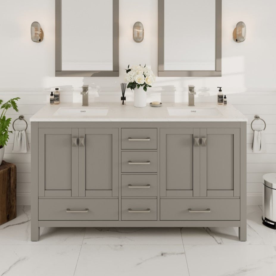 London 60 in. Gray Double Sink Bath Vanity with Carrara Quartz Top and Undermount Porcelain Sinks - Bathroom Vanity by Eviva