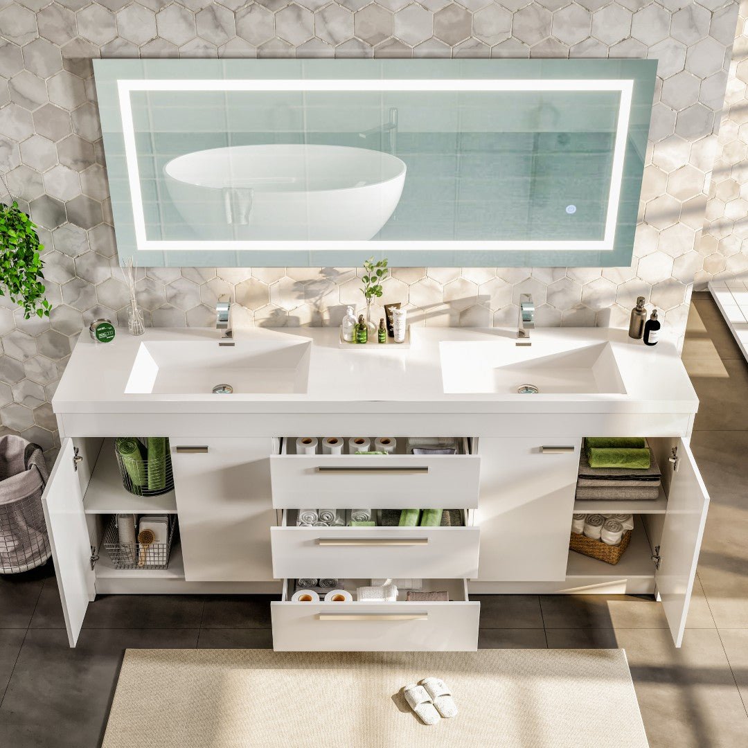 Lugano 84 in. White Double Sink Bath Vanity with Acrylic Top and Integrated Sinks - Bathroom Vanity by Eviva