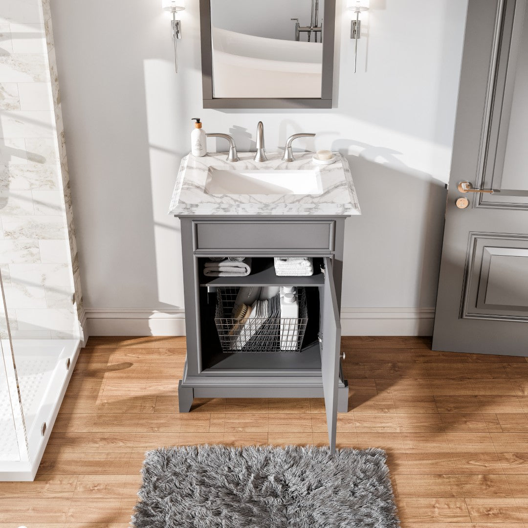 Elite Princeton 24 in. Gray Single Sink Bath Vanity with Carrara Marble Top and Undermount Porcelain Sink
