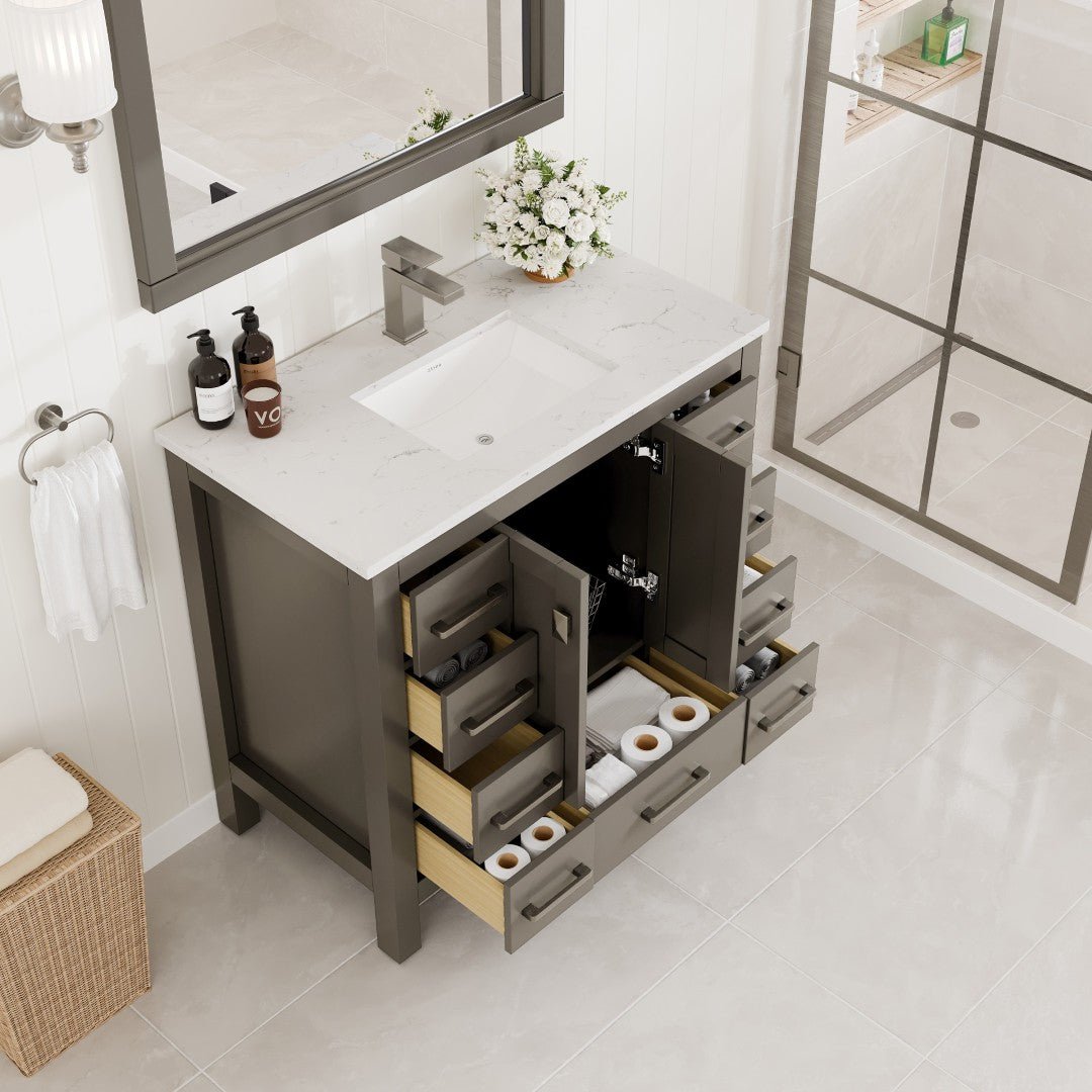 Hampton 36" x 18" Dark Gray Single Sink Bath Vanity with Carrara Quartz Top and Undermount Porcelain Sink - Bathroom Vanity by Eviva