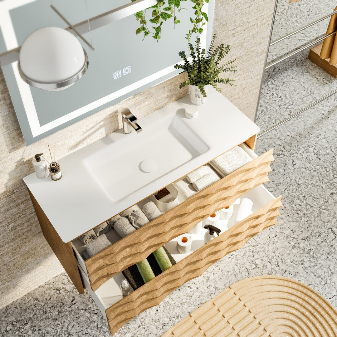 Oahu 32 in. Oak Wall Mount Single Sink Bath Vanity with Solid Surface Top and Integrated Sink