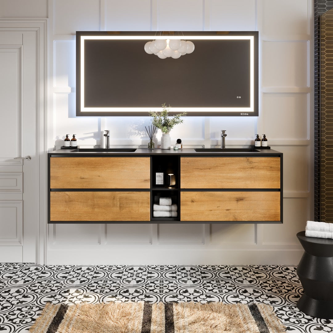 Vienna 75" Black Oak Wall Mount Double Sink  Bath Vanity with Acrylic Top and Integrated Sinks