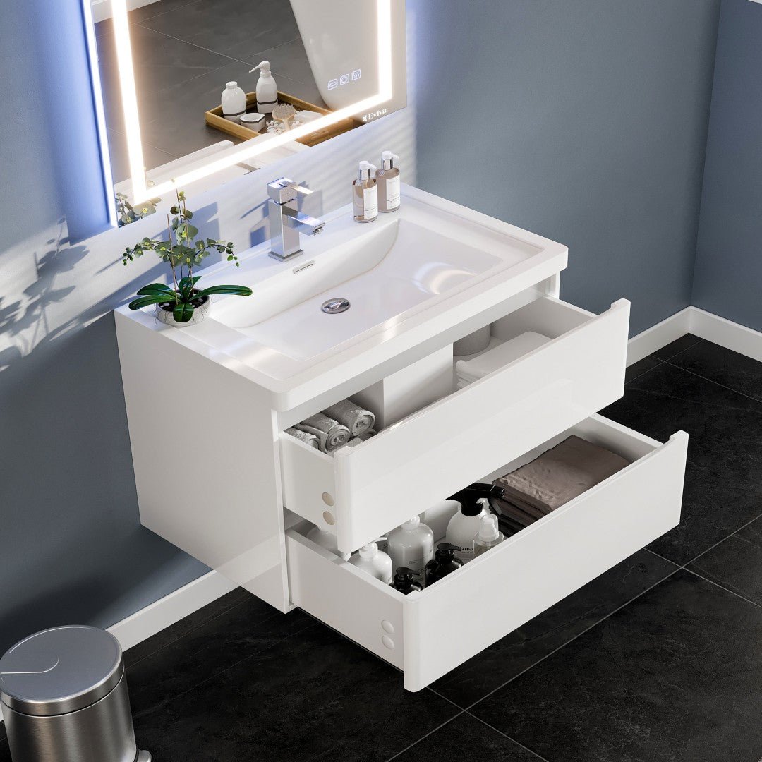 Flair 32 in. White Wall Mount Single Sink Bath Vanity with Acrylic Top and Integrated Sink - Bathroom Vanity by Eviva