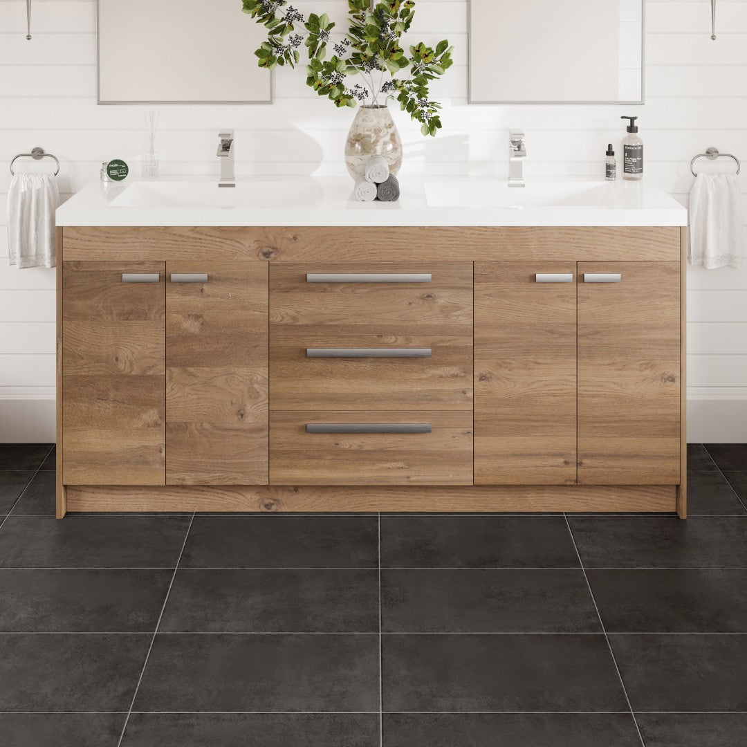 A modern Lugano double sink bathroom vanity with natural oak finish and acrylic countertop, featuring integrated sinks and multiple storage units.