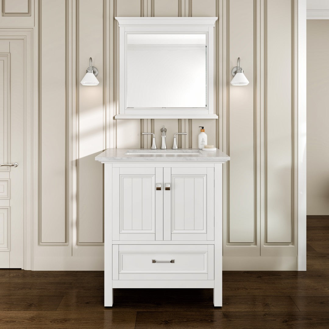 Eviva Britney 30 Inch Transitional White Bathroom Vanity with Carrera Marble Top