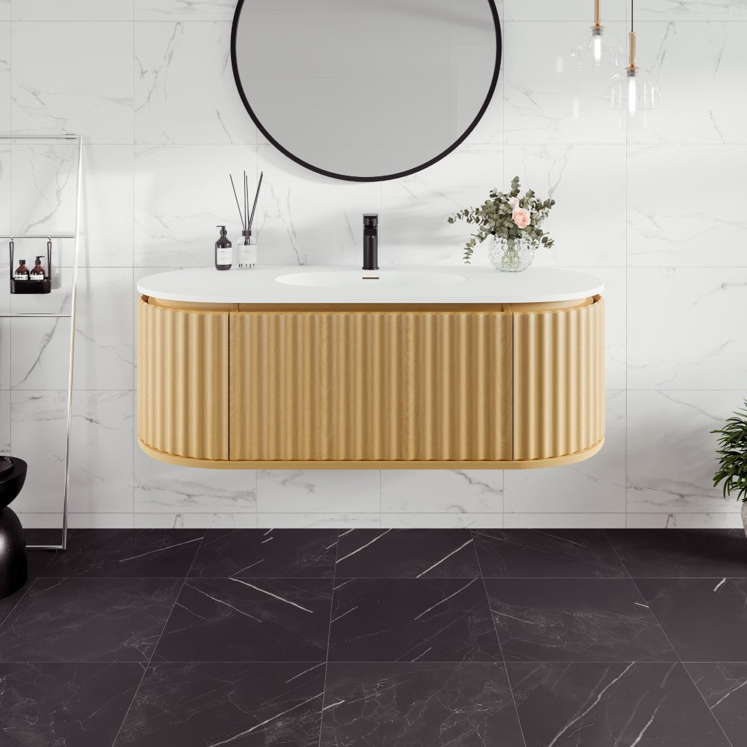 Haven 48 in. Natural Oak Wall Mount Single Sink Bath Vanity with Solid Surface Top and Integrated Sink