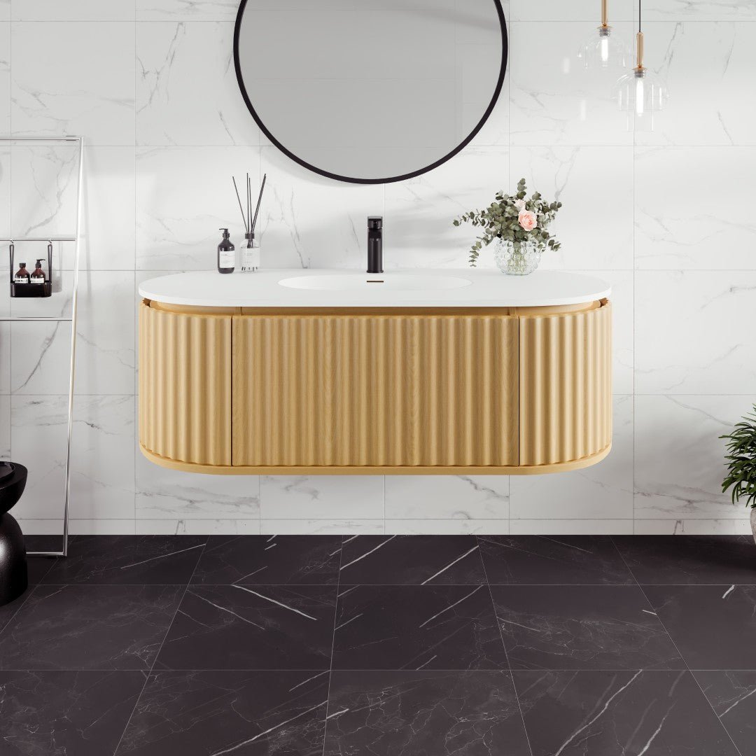 Haven 48 in. Natural Oak Wall Mount Single Sink Bath Vanity with Solid Surface Top and Integrated Sink - Bathroom Vanity by Eviva
