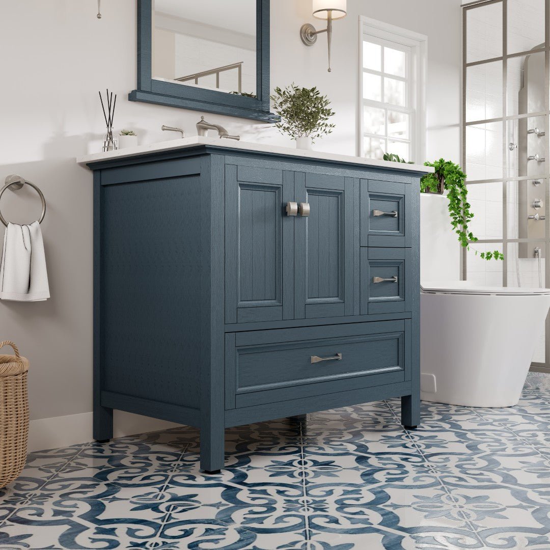 Britney 36 in. Ash Blue Single Sink Bath Vanity with Carrara Quartz Top and Undermount Porcelain Sink - Bathroom Vanity by Eviva