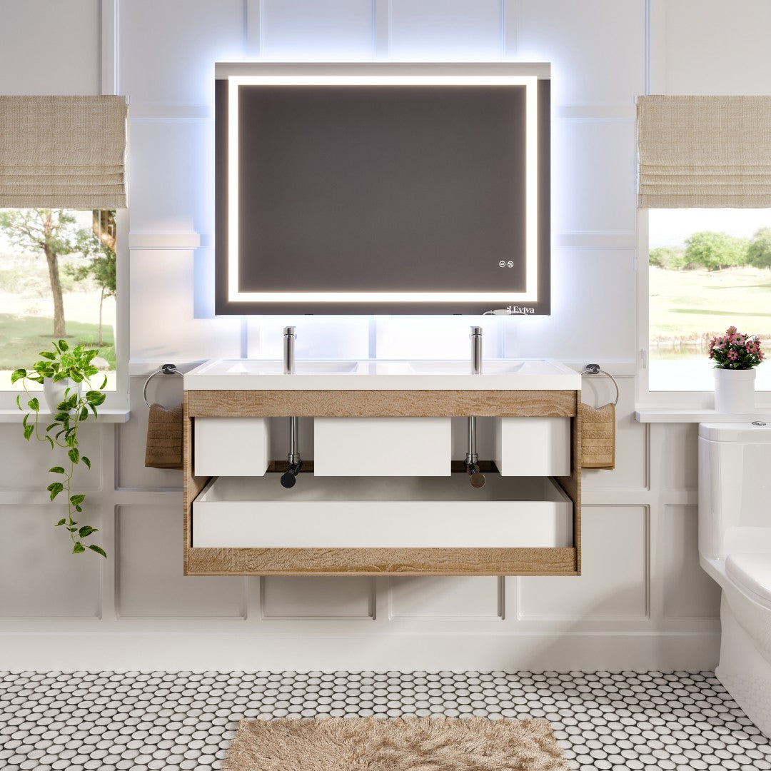 Smile 48 in. White Oak Wall Mount Double Sink Bath Vanity with Acrylic Top and Integrated Sinks