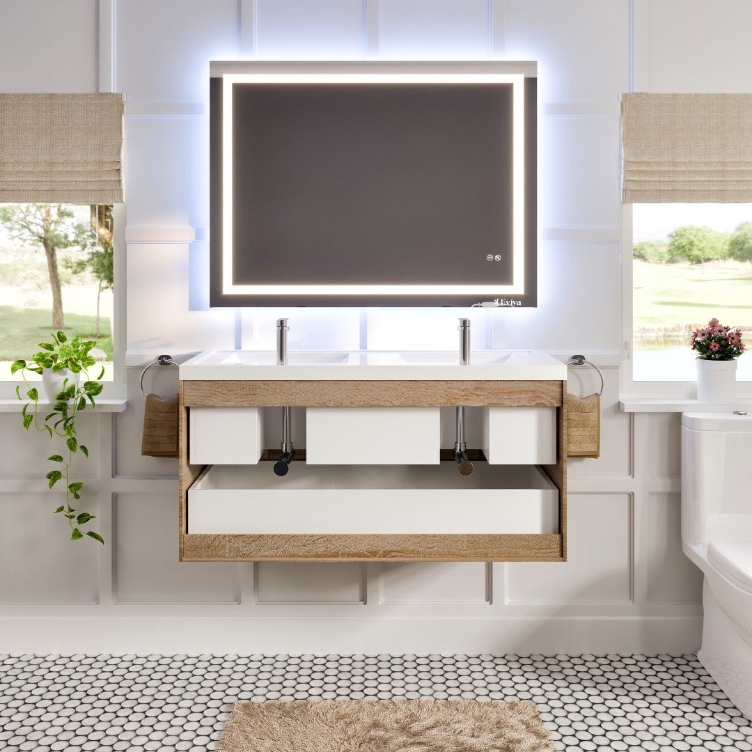 Smile 48 in. White Oak Wall Mount Double Sink Bath Vanity with Acrylic Top and Integrated Sinks - Bathroom Vanity by Eviva