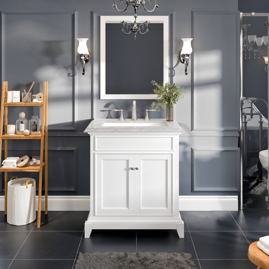 Elite Princeton 30 in. White Single Sink Bath Vanity with Carrara Marble Top and Undermount Porcelain Sink