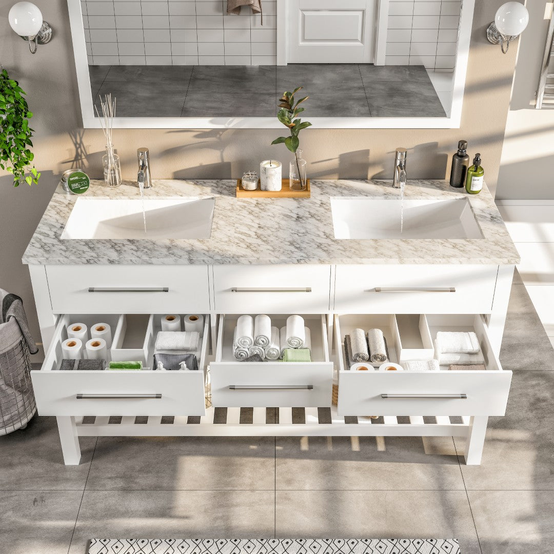 Natalie 60 in. White Double Sink Bath Vanity with Carrara Marble Top and Undermount Porcelain Sinks