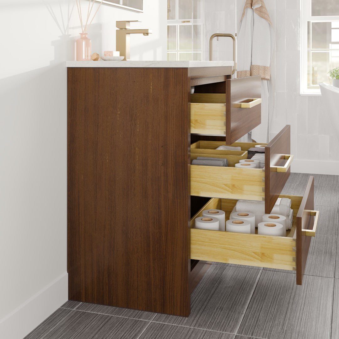 Curio 30 in. Walnut Single Sink Bath Vanity with Carrara Quartz Top and Undermount Porcelain Sink - Bathroom Vanity by Eviva