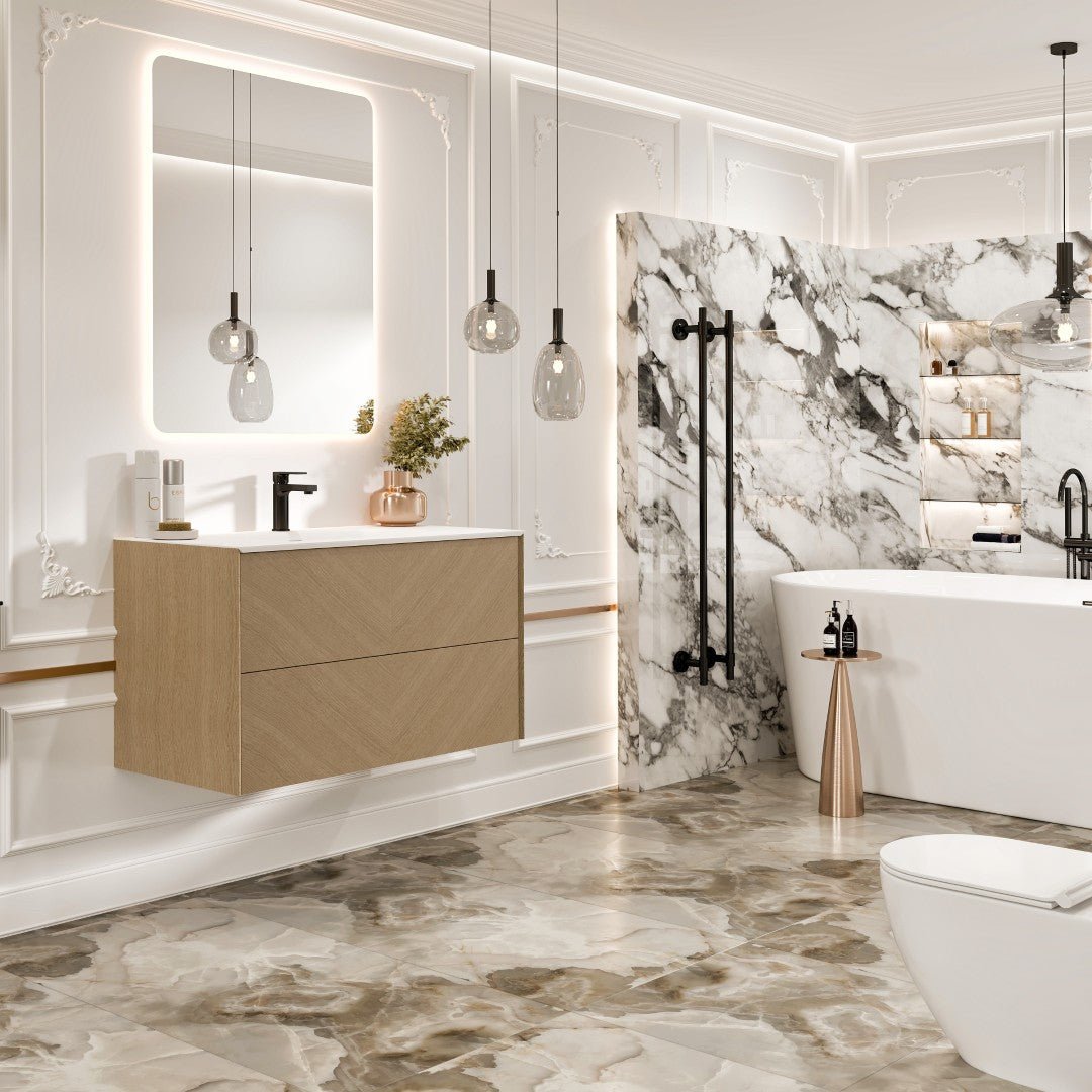 Lotus 30 in. Natural Oak Wall Mount Single Sink Bath Vanity with Solid Surface Top and Integrated Sink - Bathroom Vanity by Eviva