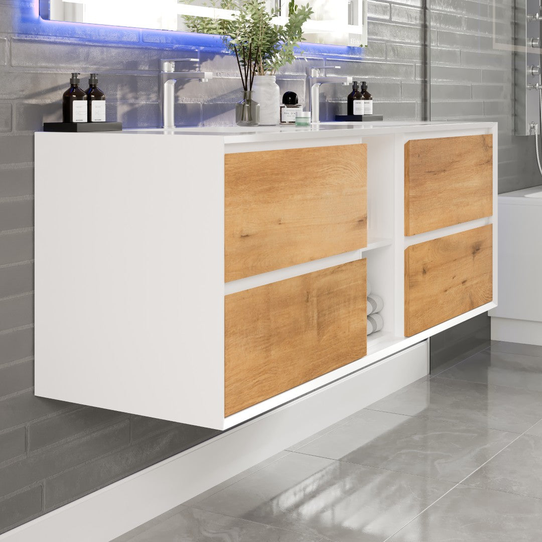 Vienna 60" WH Oak Wall Mount Double Sink Bath Vanity with Acrylic Top and Integrated Sinks
